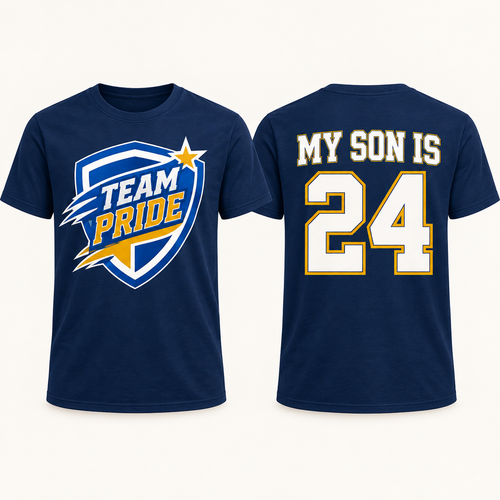 Pledgeletics navy Proud Family spirit shirt with Team Pride shield front and My Son Is number 24 back